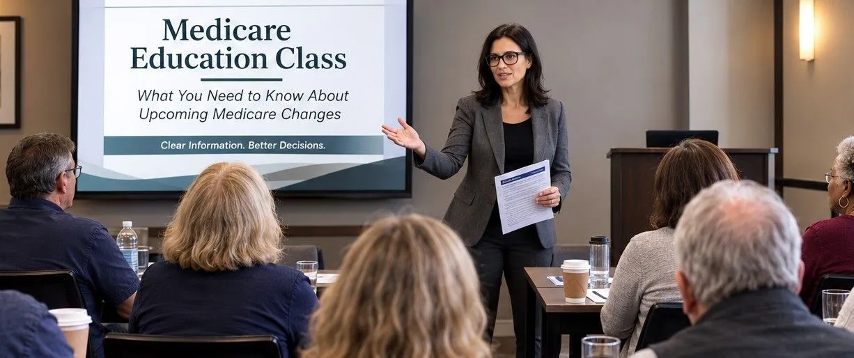 Lori Bellman presenting a Medicare Education Class to a room of attendees, with the class title shown on screen