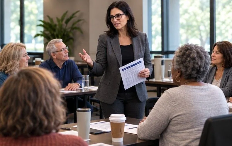 Lori Bellman speaking with a group of attendees around a conference table during a Medicare literacy presentation
