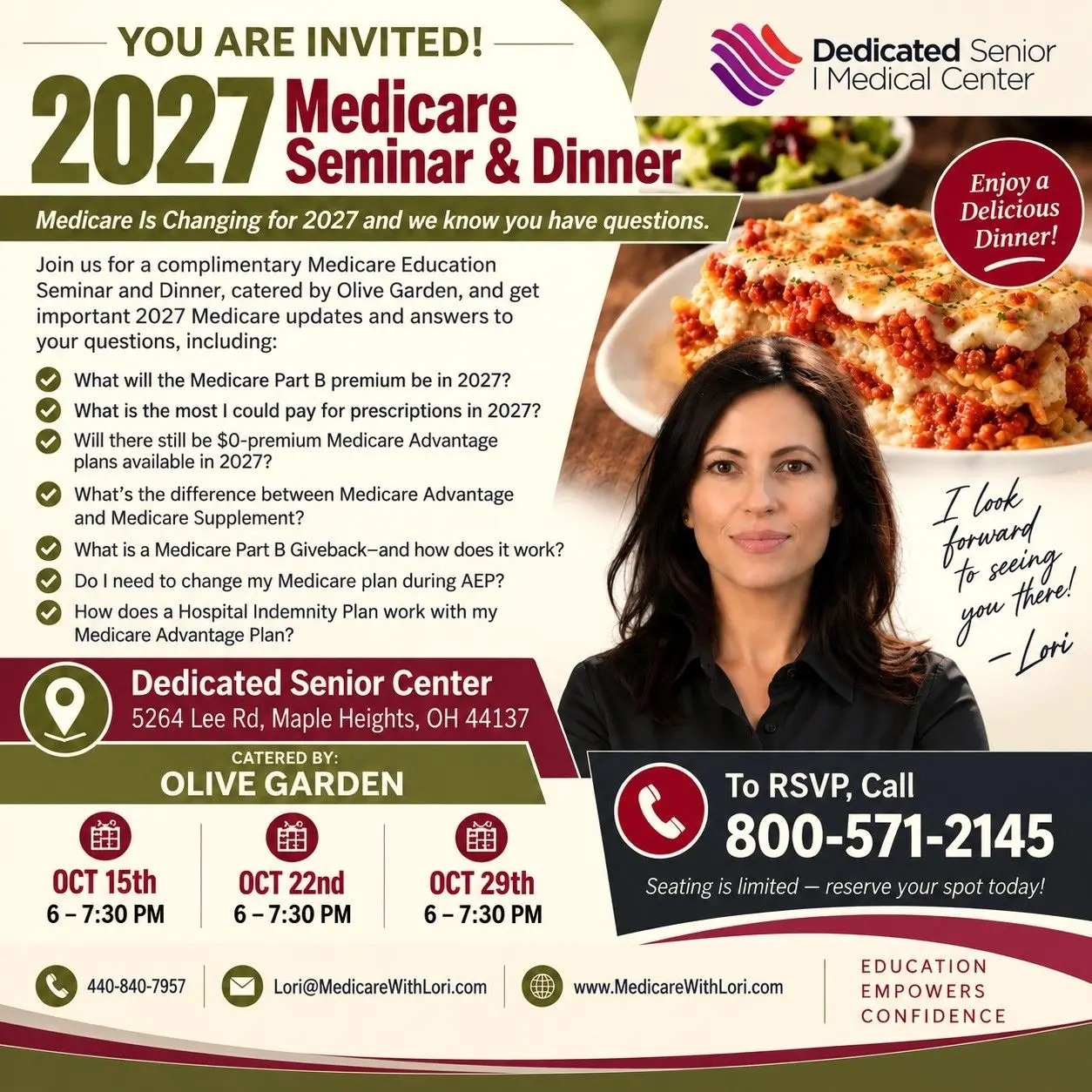 2027 Medicare Seminar & Dinner flyer for October 15, 22, and 29 from 6:00 to 7:30 PM at Dedicated Senior Center, 5264 Lee Rd, Maple Heights, Ohio
