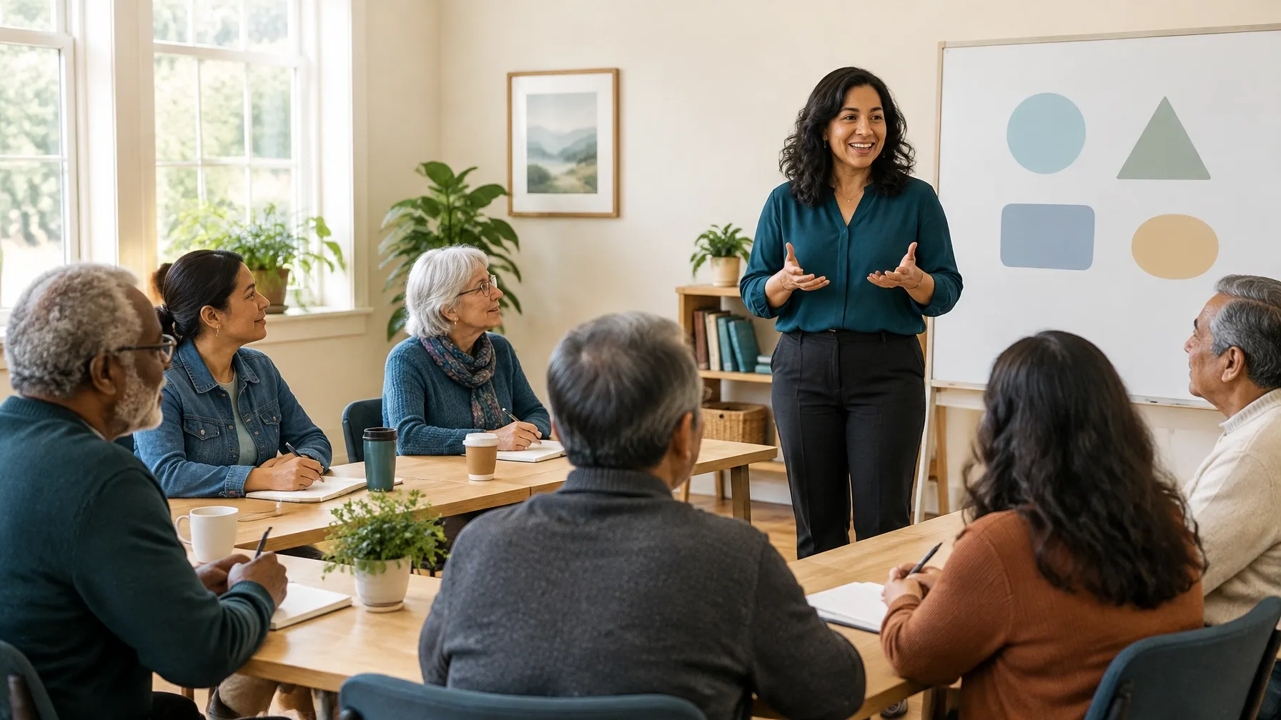 Lori Bellman presenting a Medicare class to a diverse group of attendees in a welcoming community classroom