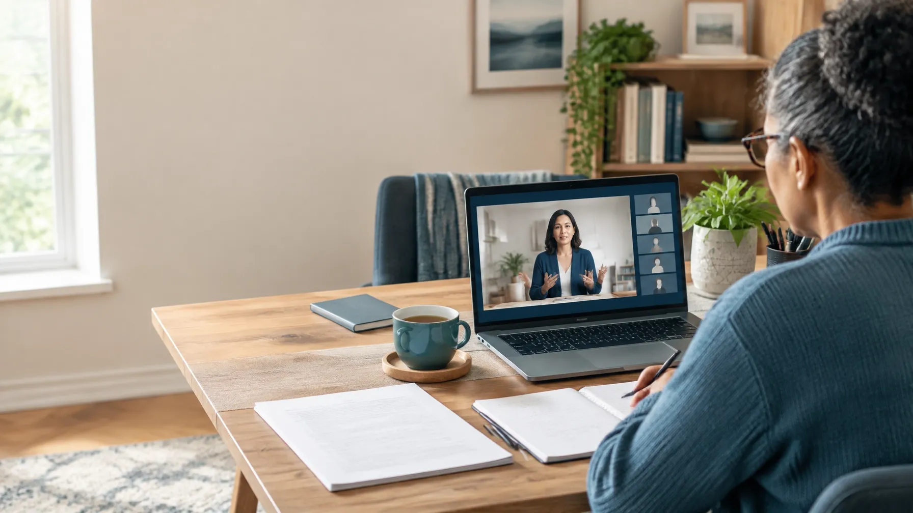 A client following Lori's Medicare education on a laptop from home